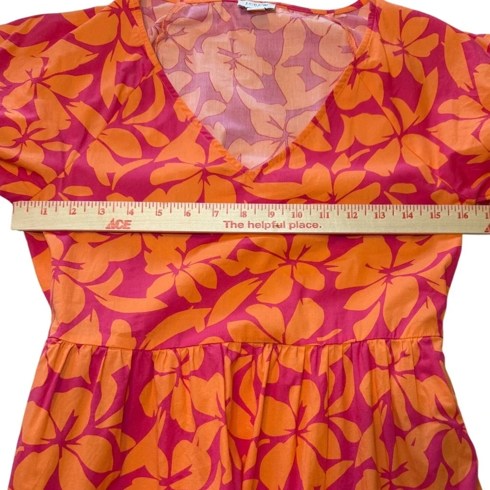 J.Crew Re-Imagined Orange Pink Floral Tiered Midi Dress V-Neck‎ Puff Sleeve